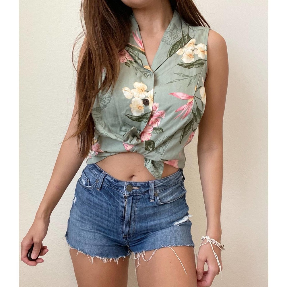Caribbean Joe Floral Button Collar Shirt Safari Green Hawaiian Sage Sleeveless S